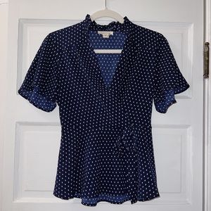 Monteau Navy Blue Polka Dot Wrap Tie Blouse